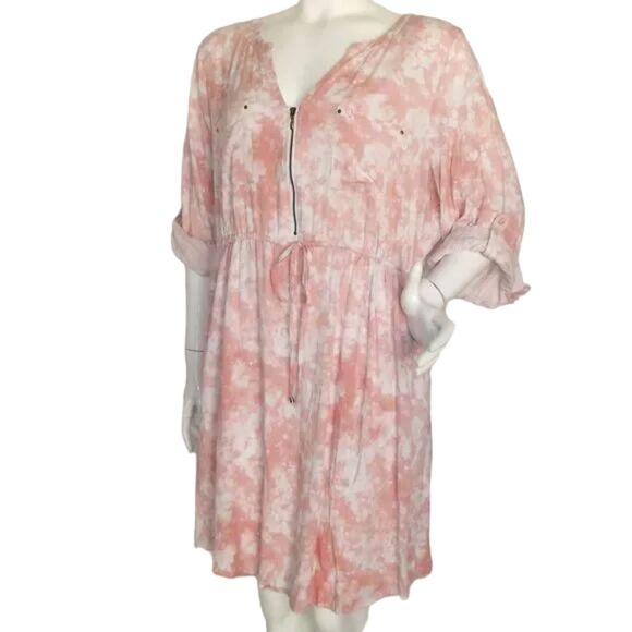 TORRID Shirt Dress, 3/3X, Pink/White, Tab Sleeves, Drawstring Waist, Zip Front - Picture 4 of 16